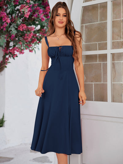 cami split thigh ruched bust dress#color_navy