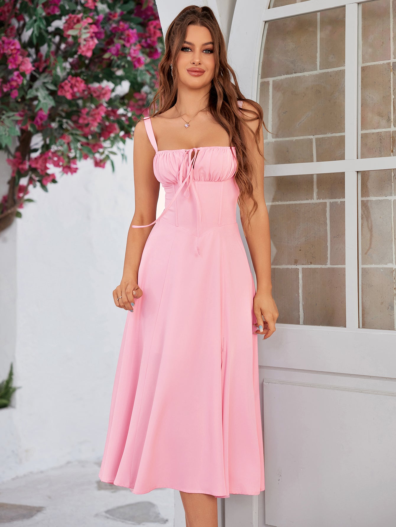 cami split thigh ruched bust dress#color_pink
