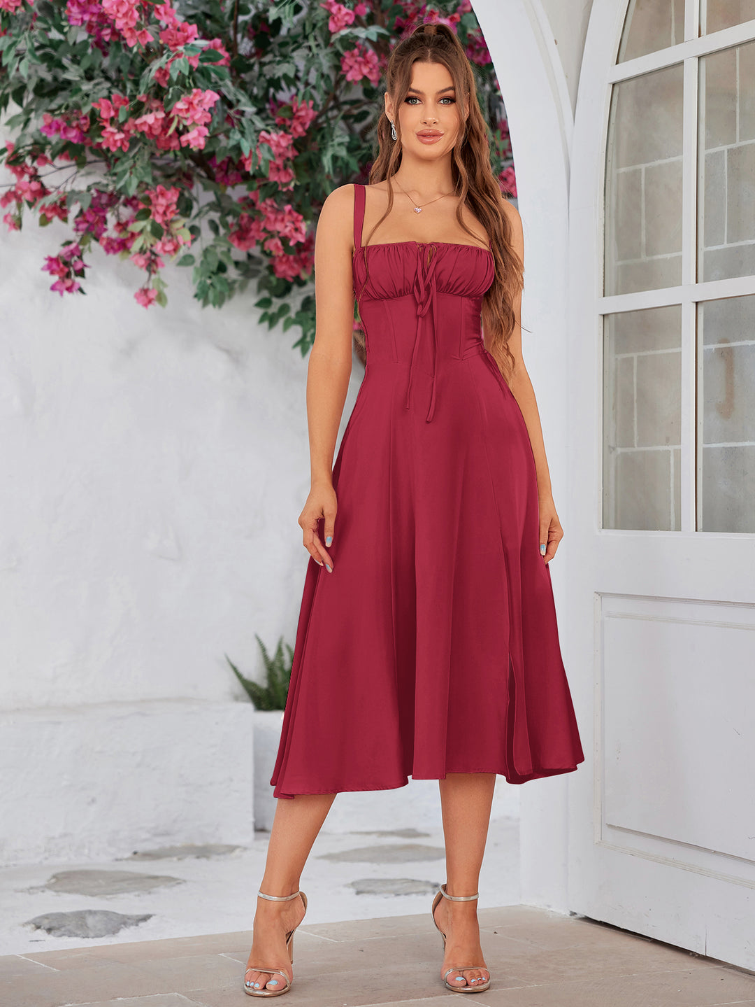 lace ruched split cami midi dress Ruched Bust Tie Front Split Thigh Ruched Cami Dress