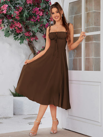 ruched bust split thigh cami dress#color_brown