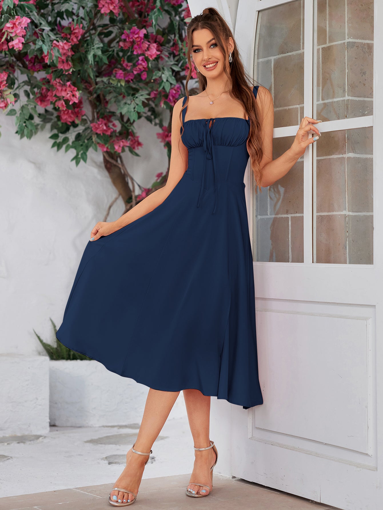 ruched bust split thigh cami dress#color_navy