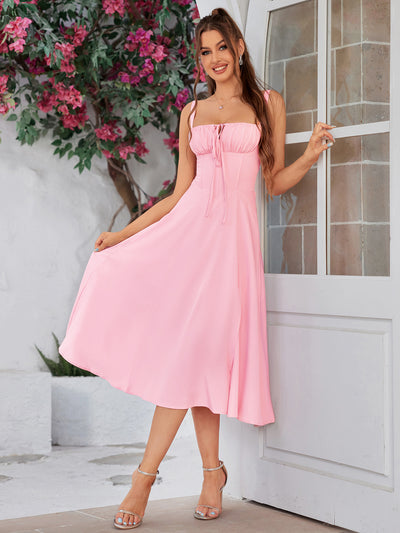 ruched bust split thigh cami dress#color_pink