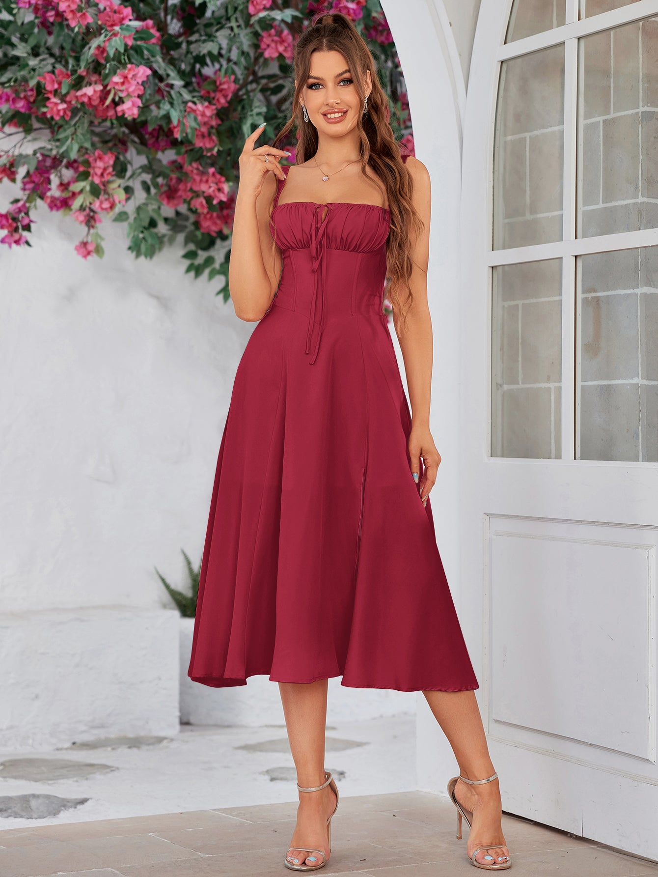 ruched bust cami split thigh dress#color_red