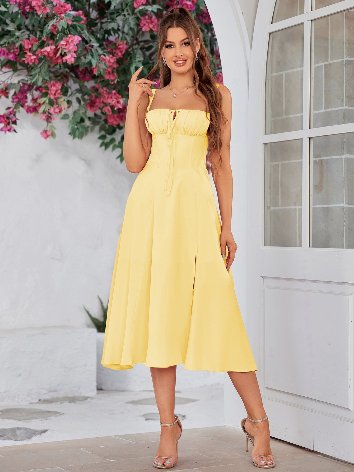 ruched bust cami split thigh dress#color_yellow