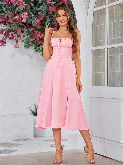 ruched bust cami split thigh dress#color_pink