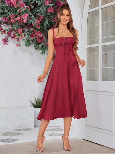 ruched bust split thigh backless cami dress#color_red