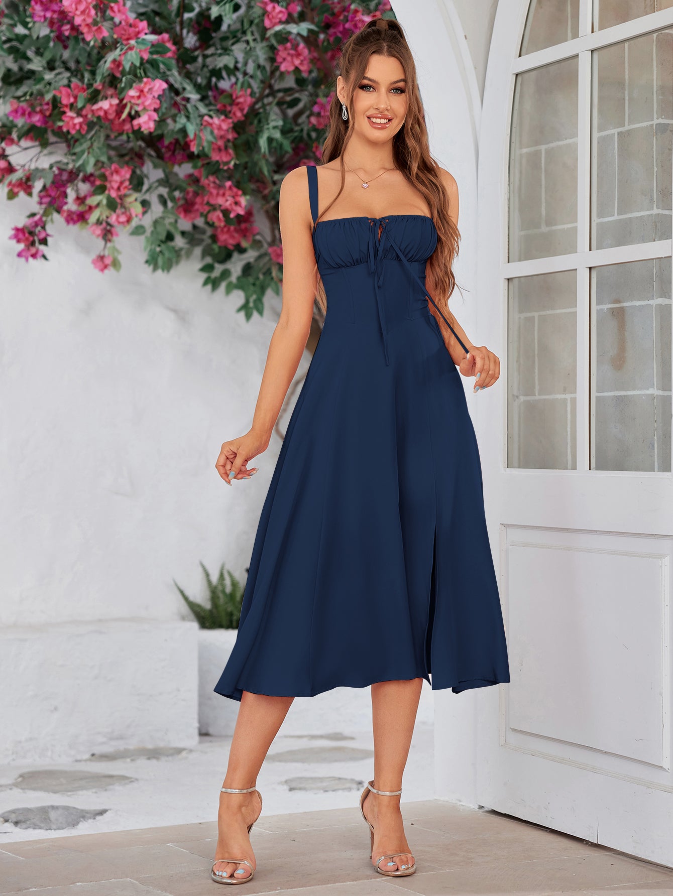 cami ruched bust split thigh dress#color_navy