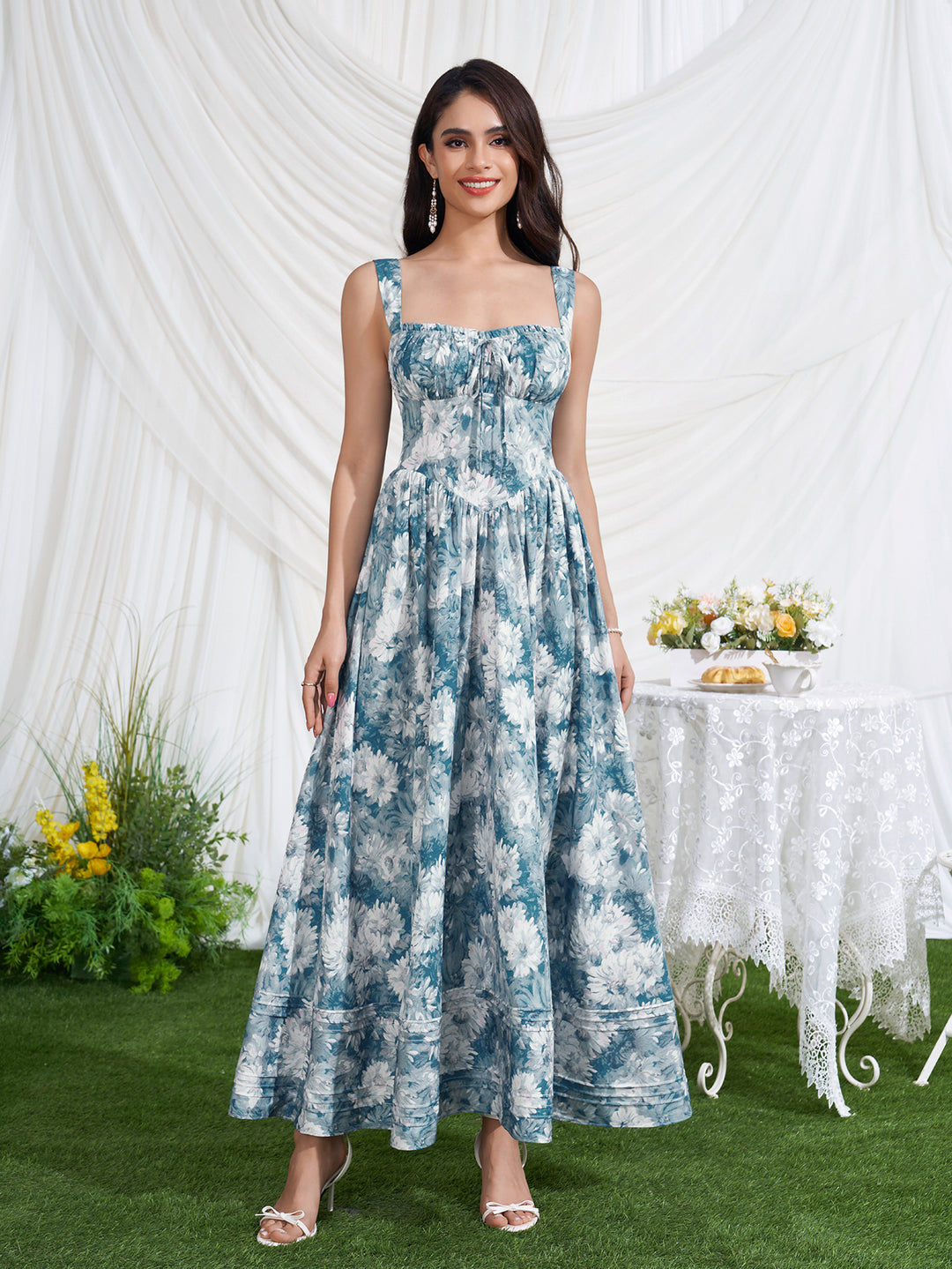Floral Print Tie Front Ruched Bust Dress