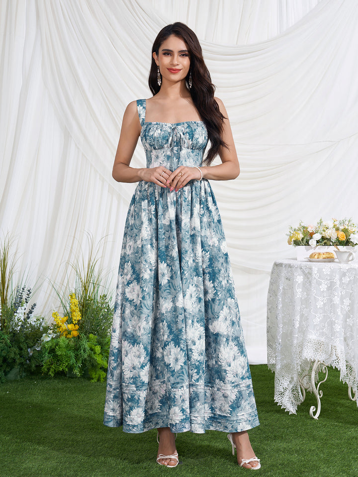 Floral Print Ruched Bust Tie Front Dress