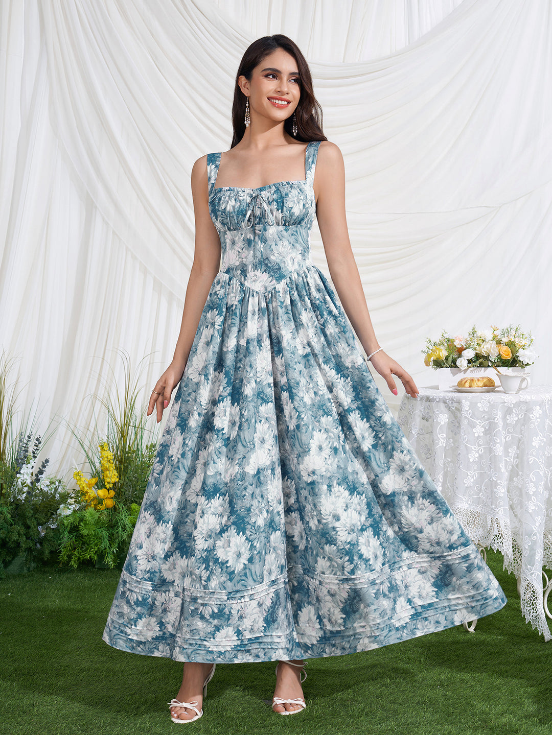 Tie Front Floral Print Ruched Bust Dress