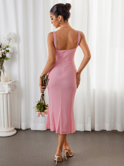 tie front ruched bust mermaid bodycon dress#color_pink