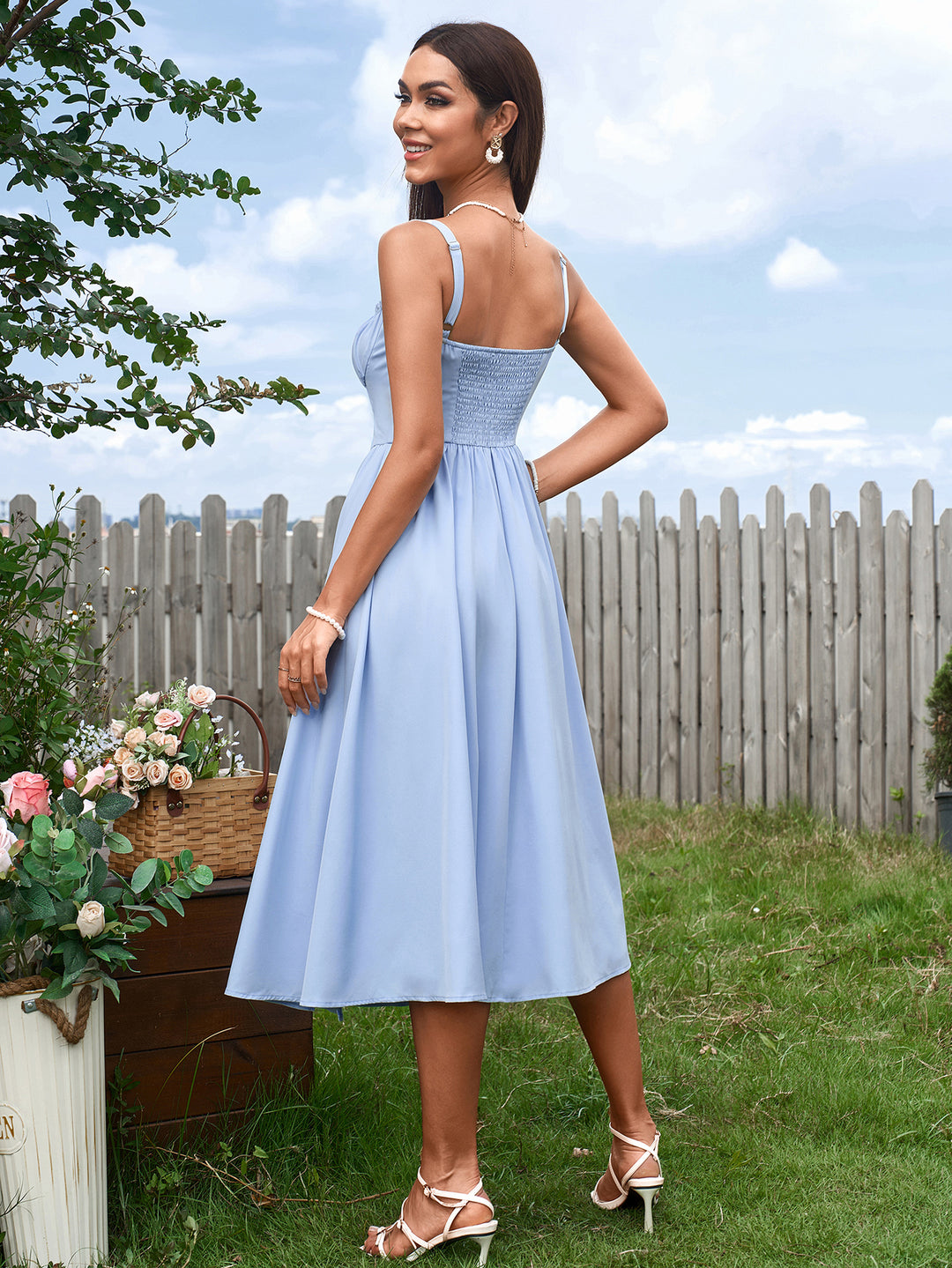 Ruched Bust Tie Front Split Thigh Ruched Cami Dress, Blue / XS Ruched Bust Tie Front Split Thigh Ruched Cami Dress, Blue / XS