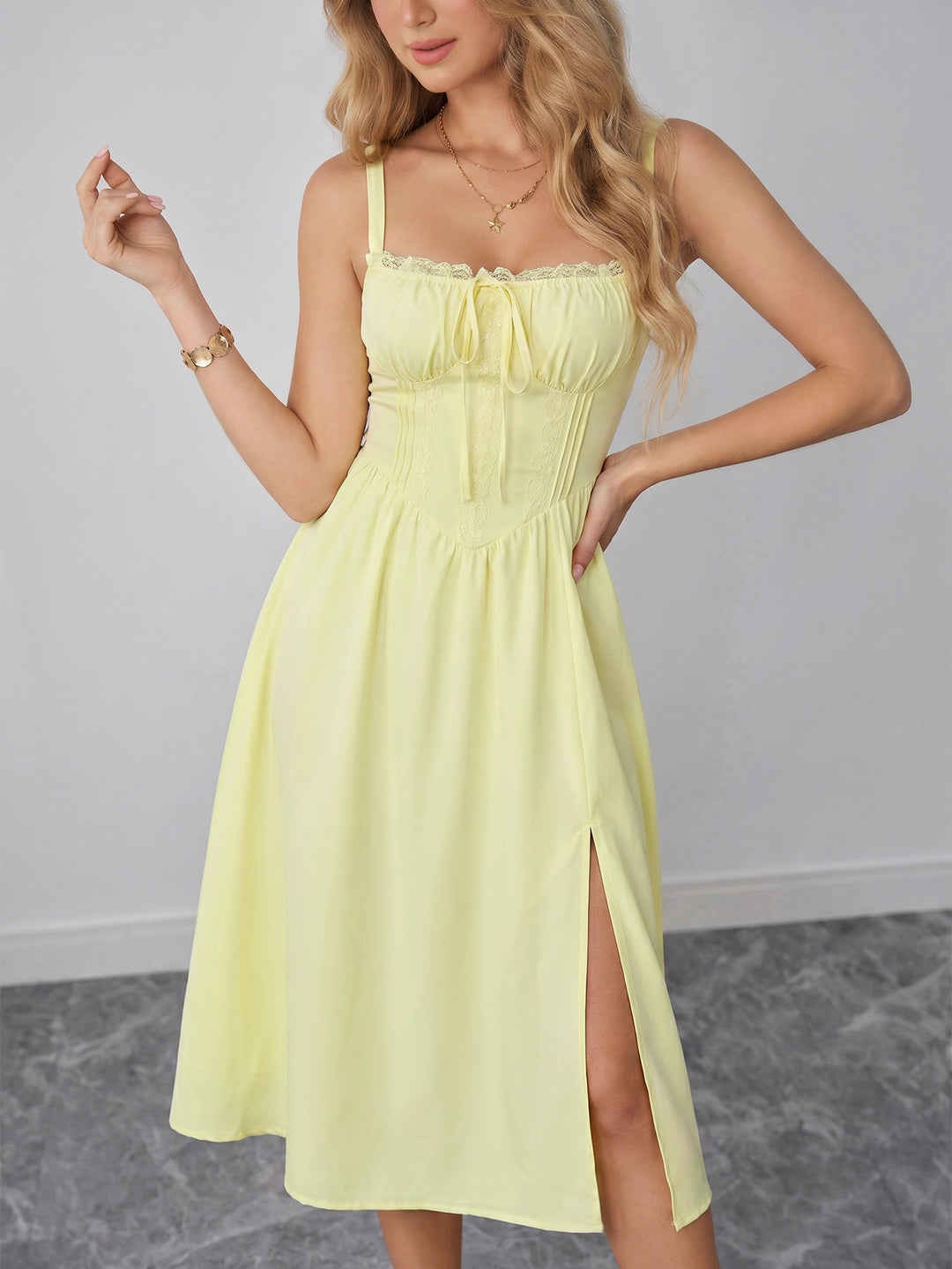 Split Thigh Tie Front Ruched Bust Ruched Cami Dress