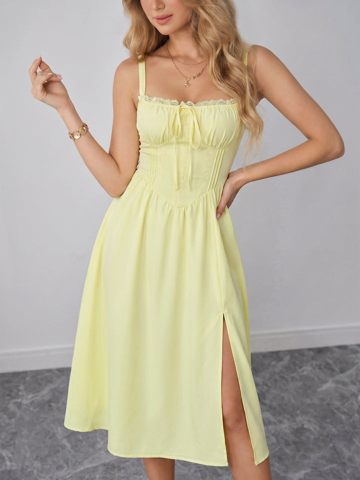 Split Thigh Tie Front Ruched Bust Ruched Cami Dress
