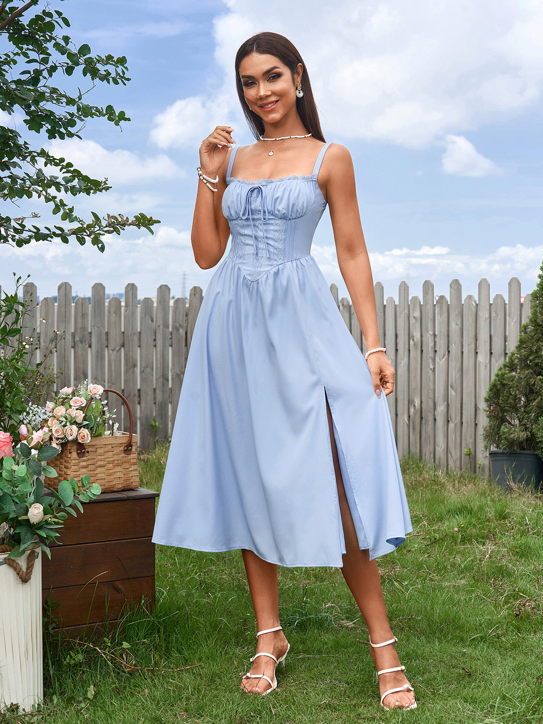 Ruched Bust Tie Front Split Thigh Ruched Cami Dress, Blue / XS Ruched Bust Tie Front Split Thigh Ruched Cami Dress, Blue / XS
