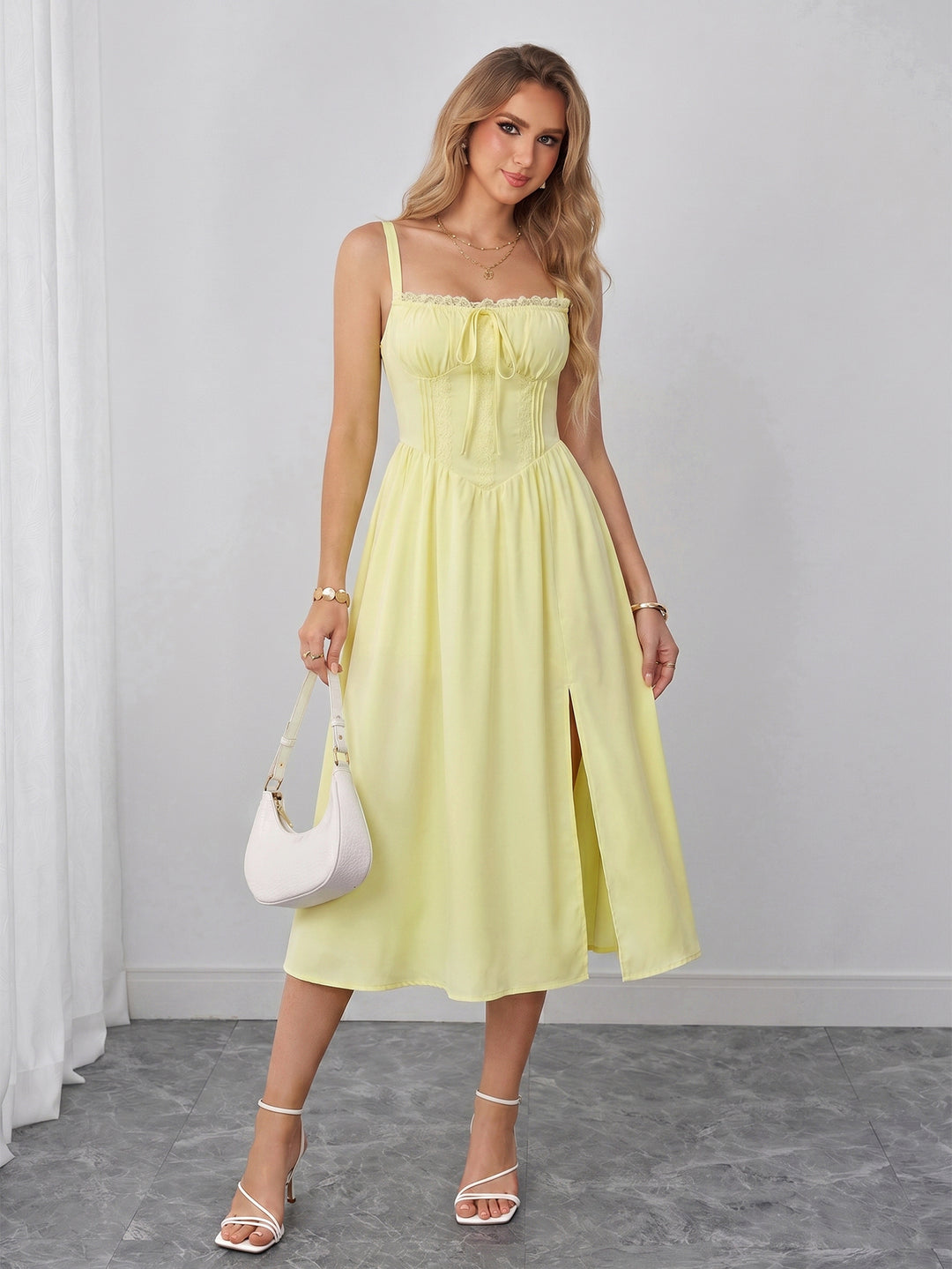 solid satin ruched split midi cami dress Green Dresses