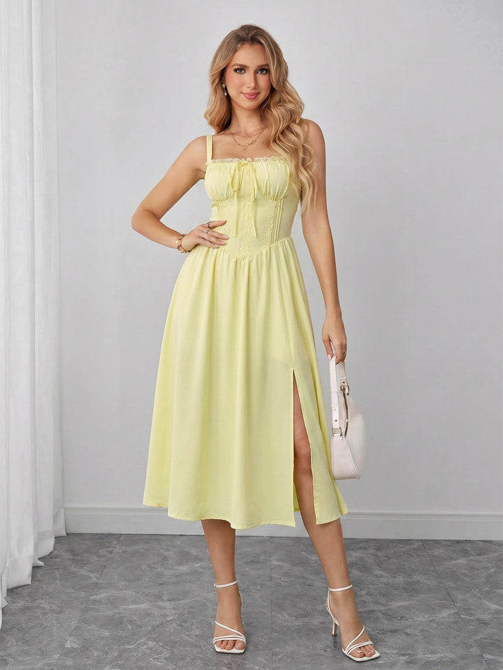 Ruched Bust Tie Front Split Thigh Ruched Cami Dress