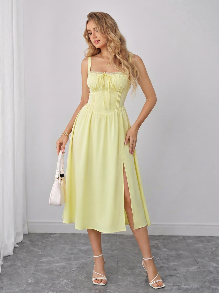 Tie Front Split Thigh Ruched Bust Ruched Cami Dress