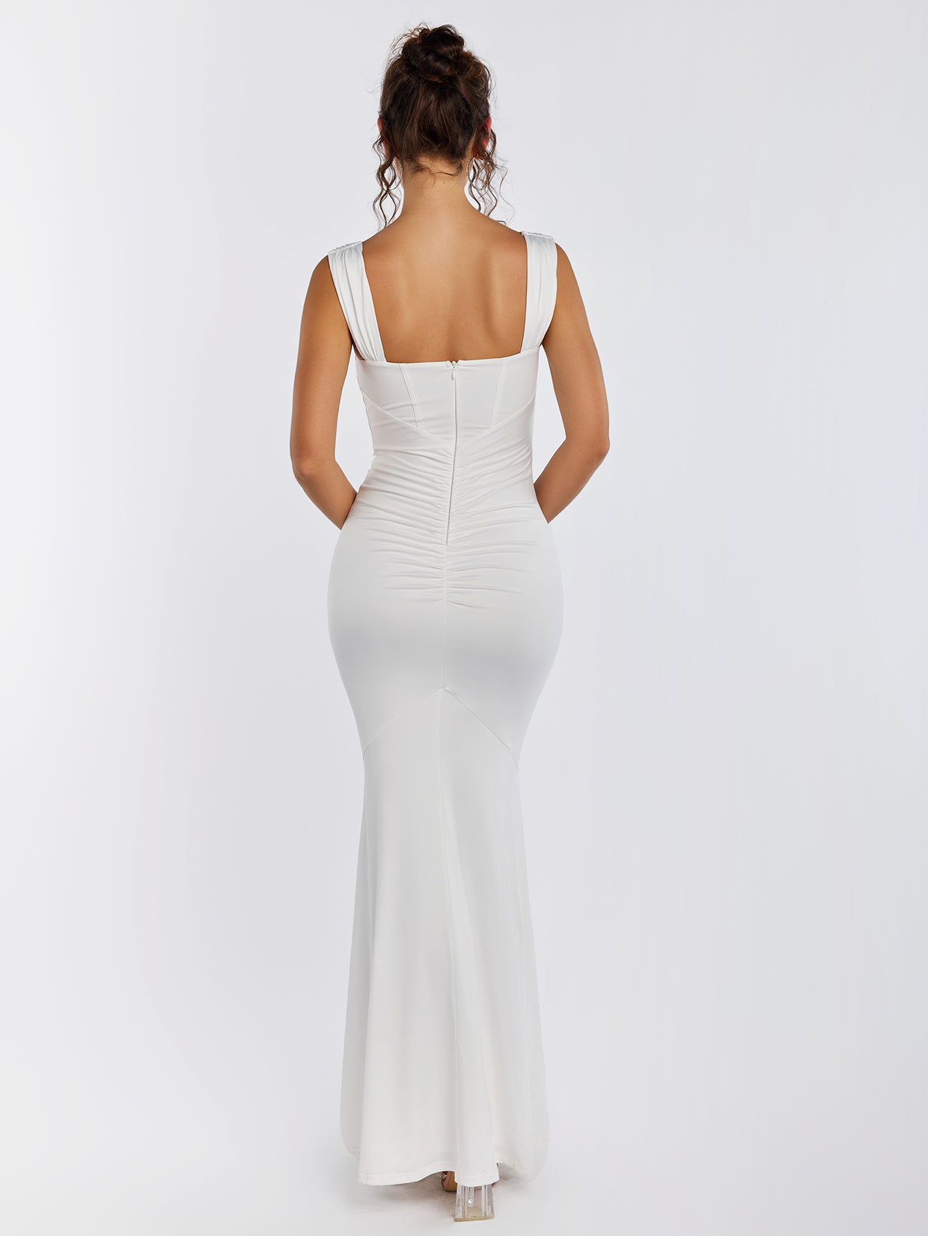 corset ruched mermaid backless dress#color_white