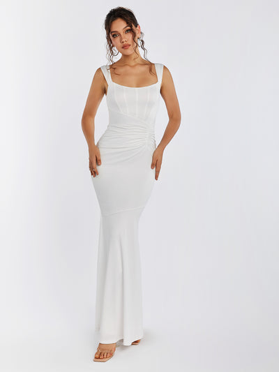 corset mermaid backless ruched dress#color_white