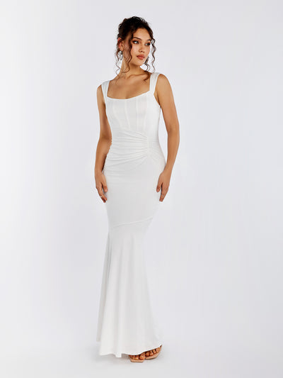 backless ruched corset mermaid dress#color_white