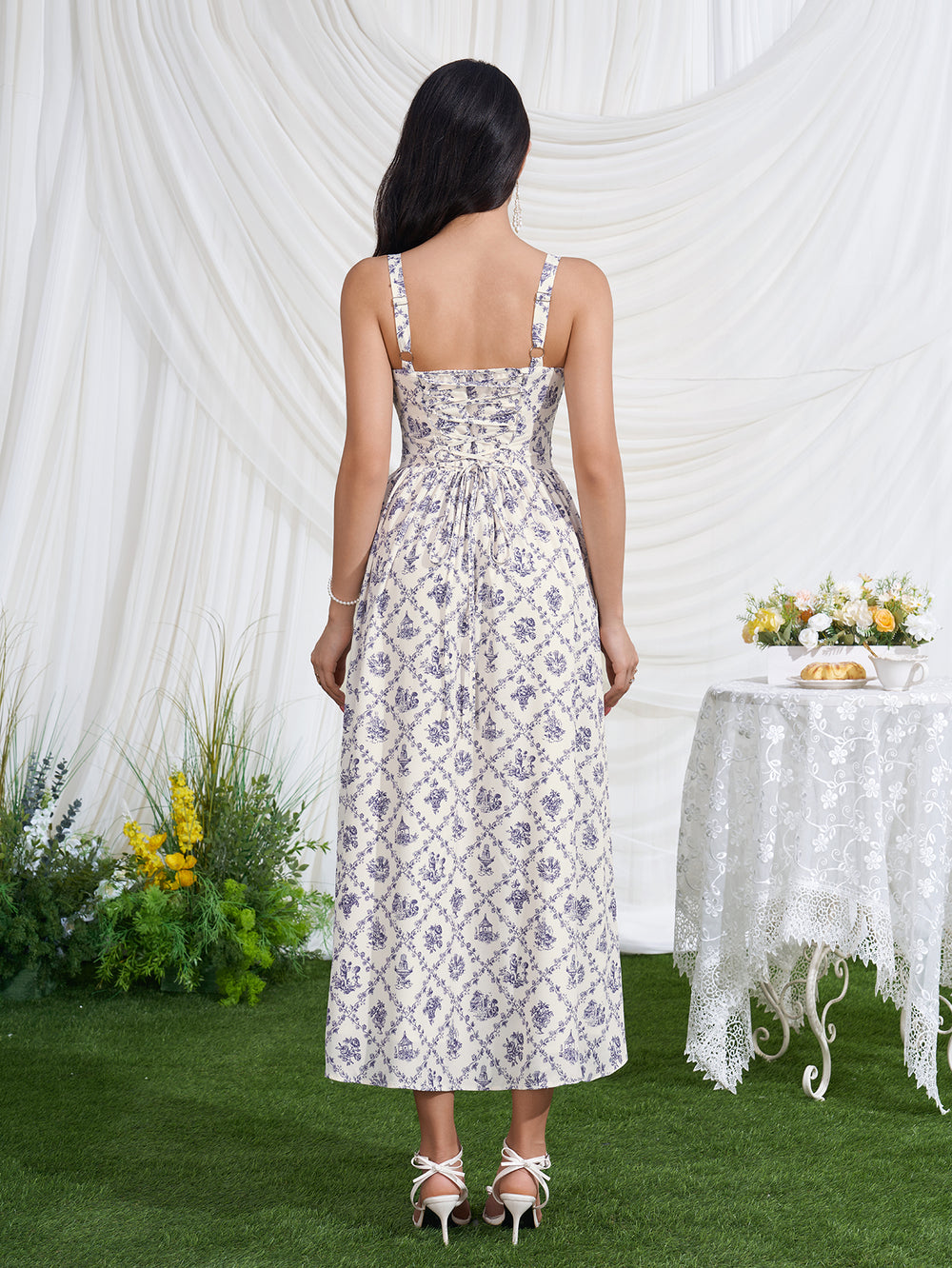 Ruched Split Crisscross Back Floral Print Dress#color_bluefloral