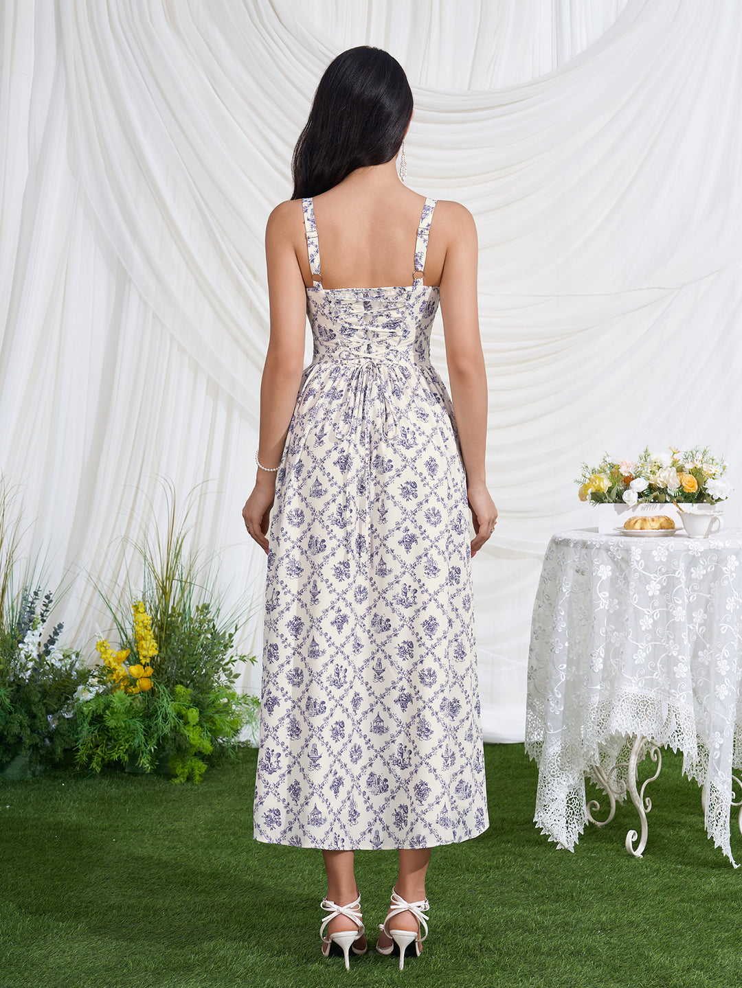Ruched Split Crisscross Back Floral Print Dress