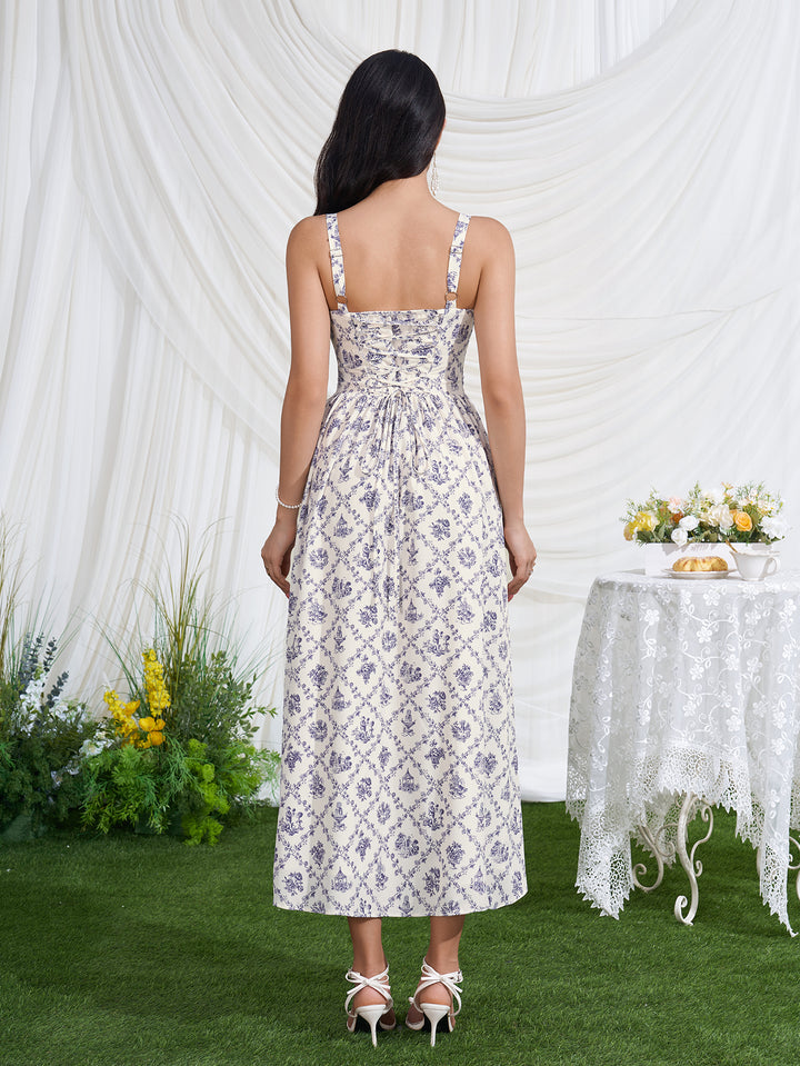 Ruched Split Crisscross Back Floral Print Dress
