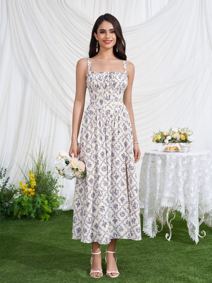Ruched Crisscross Back Split Floral Print Dress