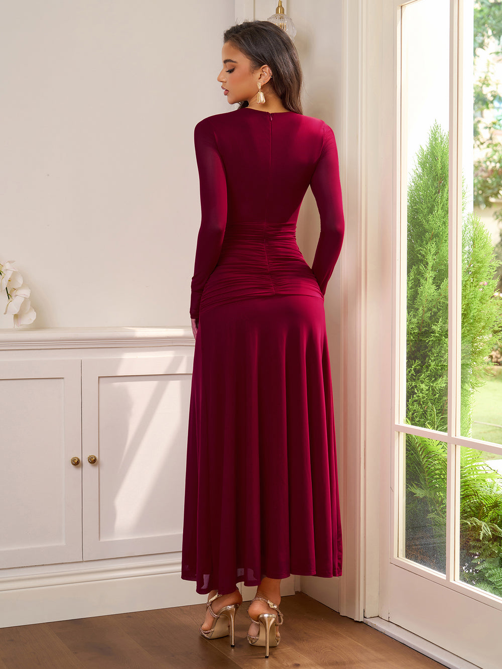 Ruched Split Thigh Crisscross Waist Mesh Dress#color_wine