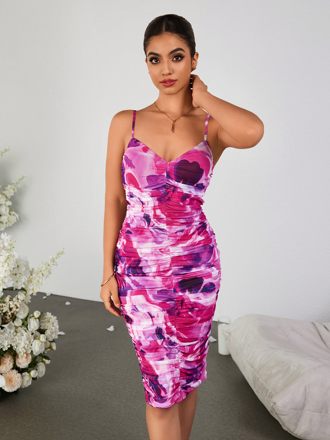 Ruched Floral Print Backless Bodycon Cami Dress, Purple / Xs Ruched Floral Print Backless Bodycon Cami Dress, Purple / Xs