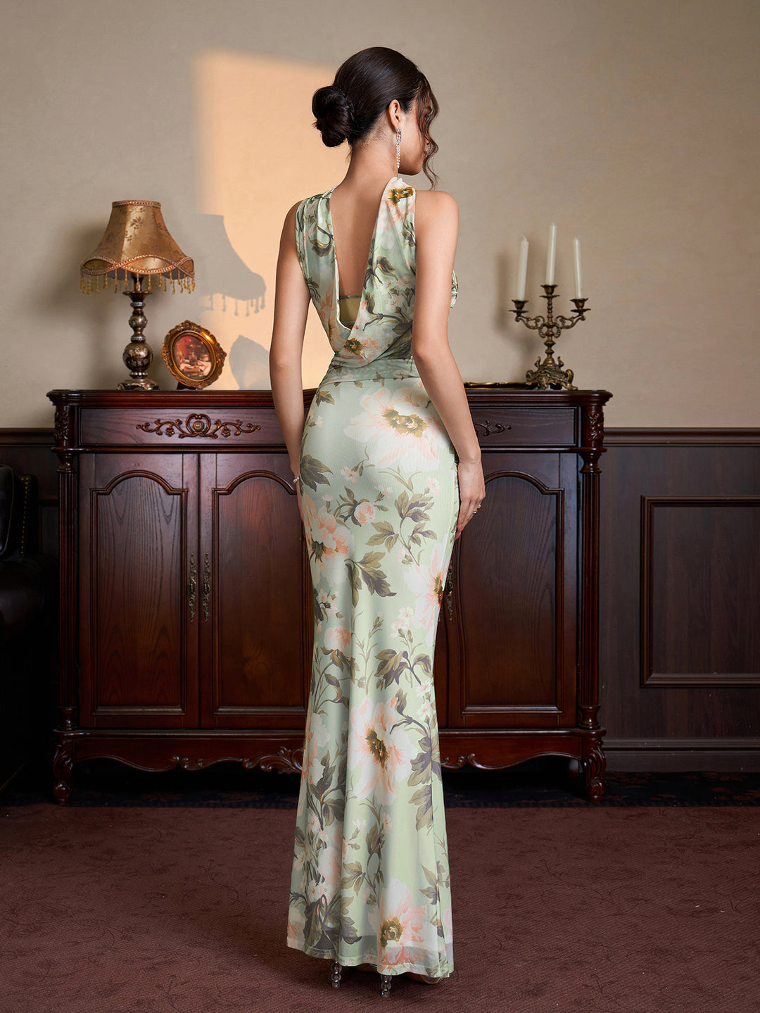 Ruched Mermaid Hem Bodycon Floral Print Mesh Dress