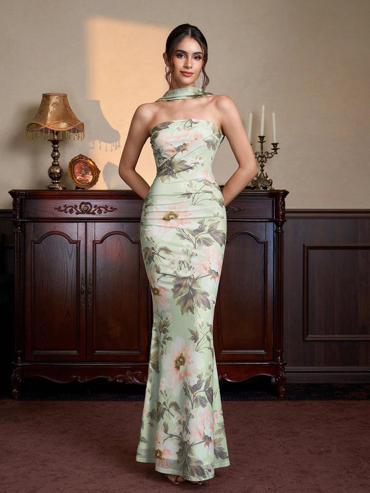 Bodycon Mermaid Hem Ruched Floral Print Mesh Dress