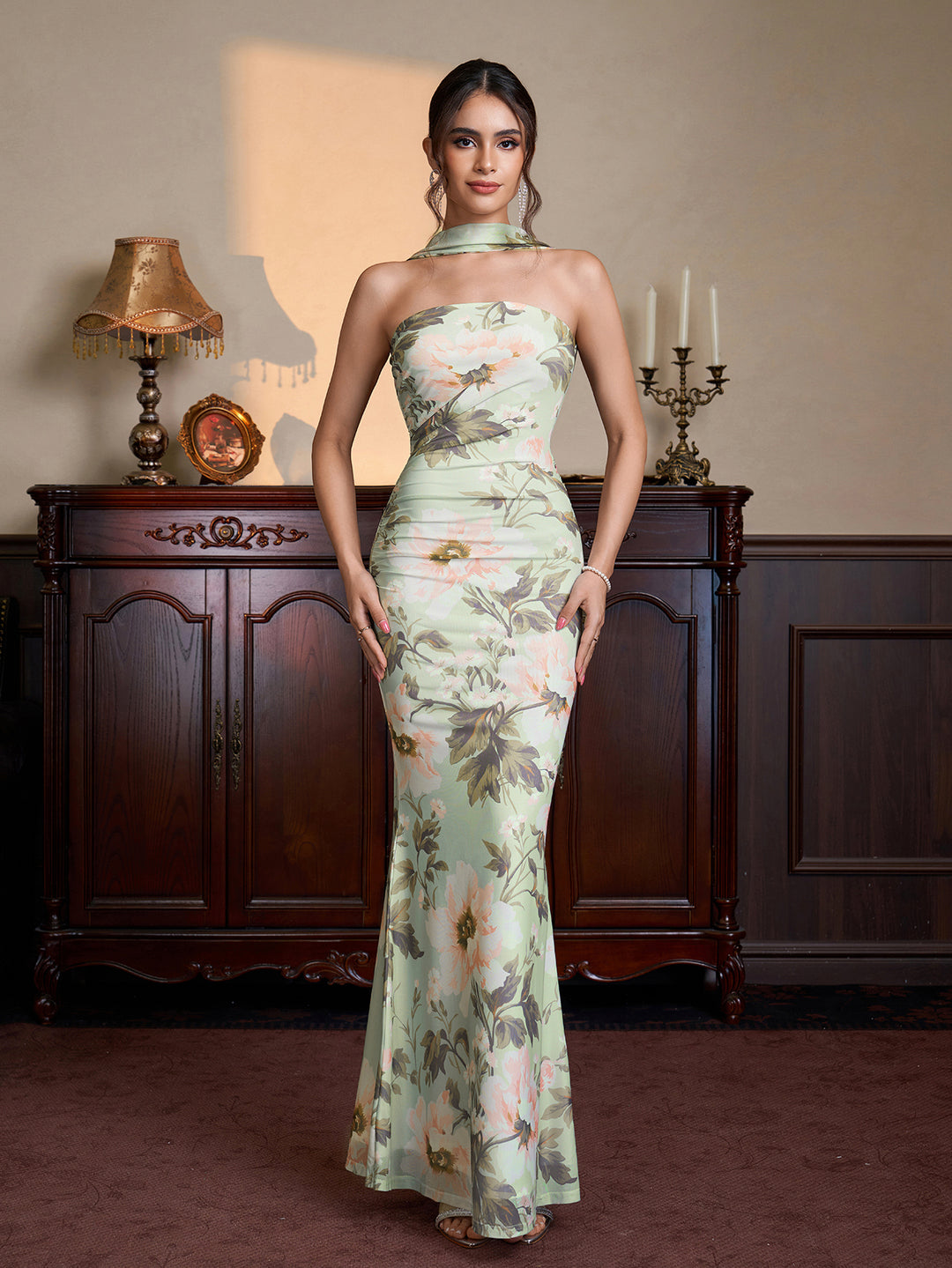 Bodycon Ruched Mermaid Hem Floral Print Mesh Dress