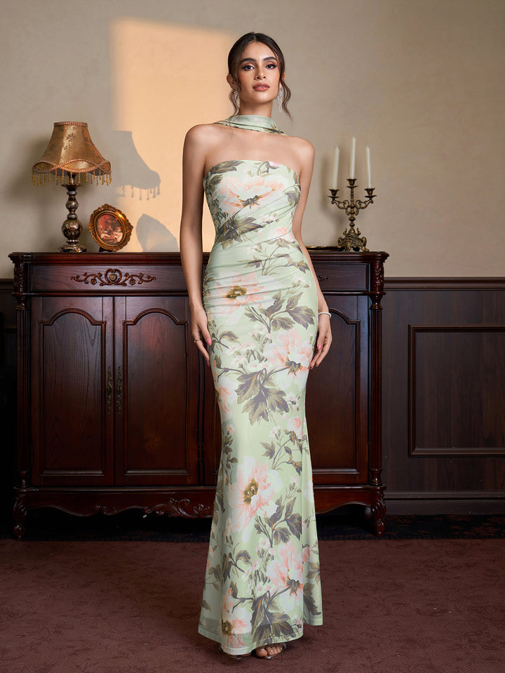 Ruched Mermaid Hem Floral Print Bodycon Mesh Dress