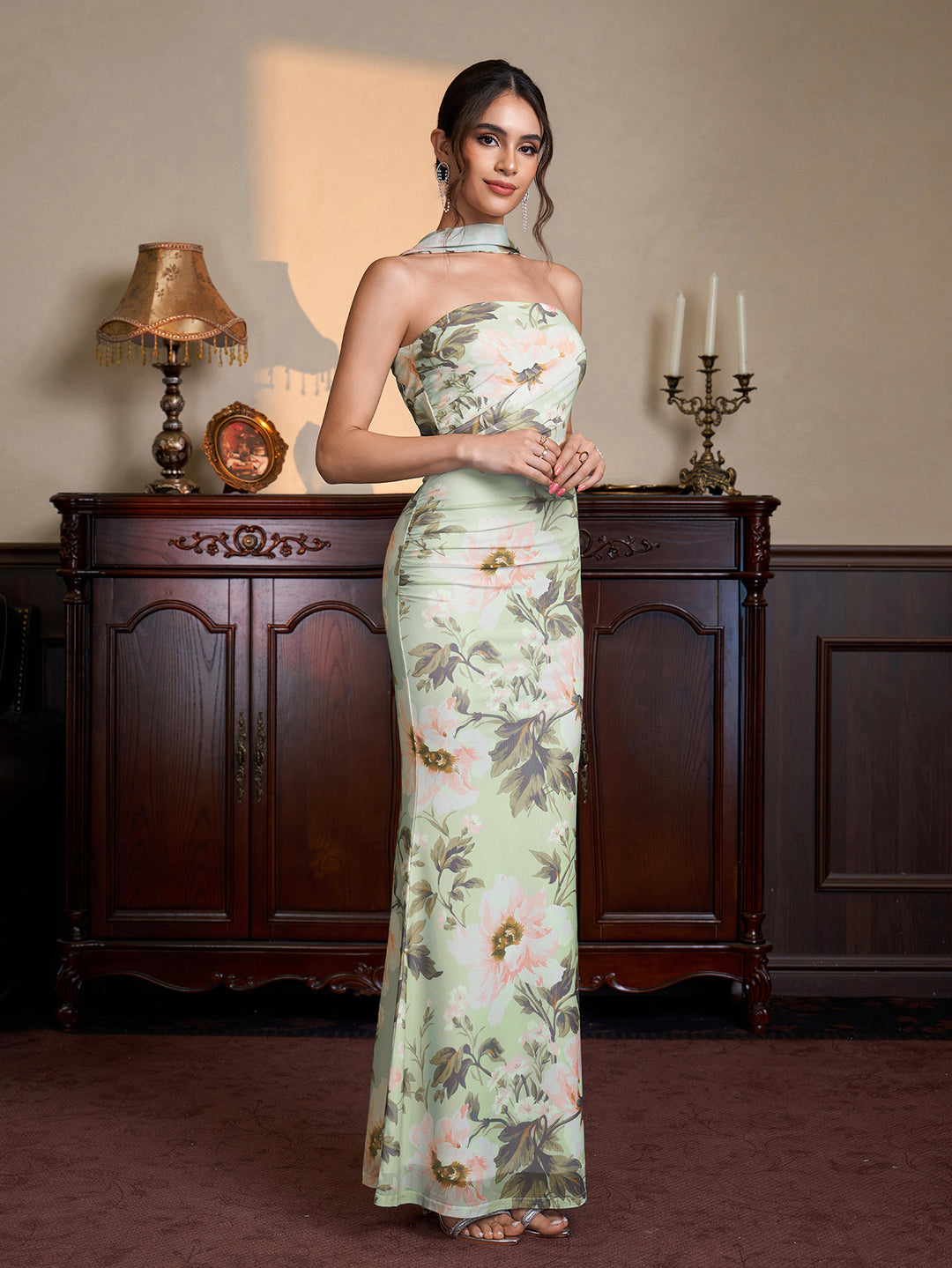 Mermaid Hem Ruched Floral Print Bodycon Mesh Dress