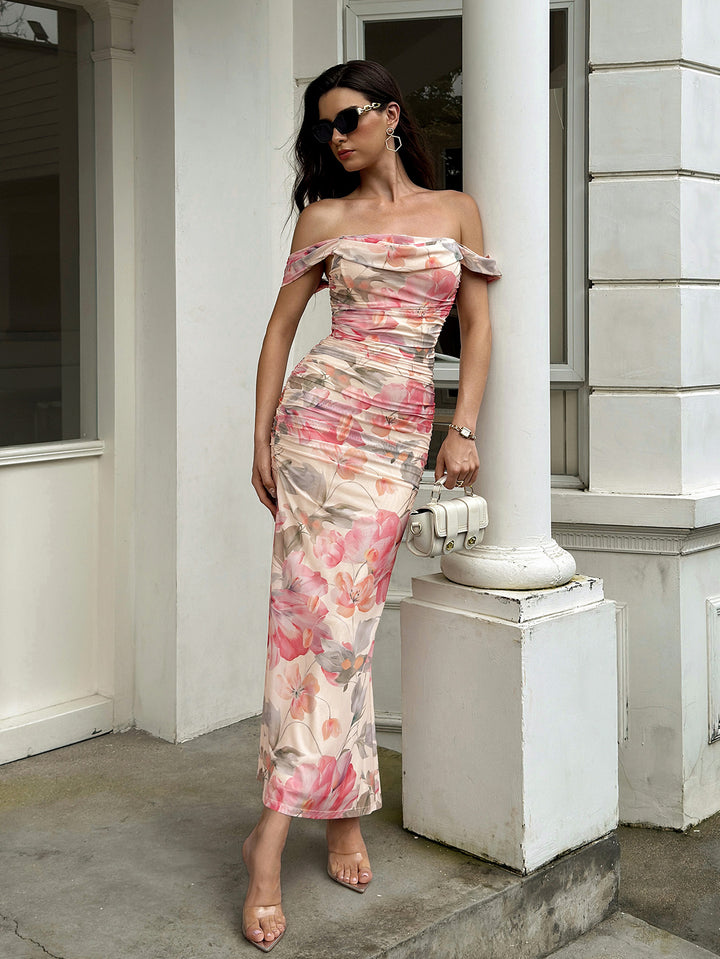 Zipper Back Ruched Off Shoulder Floral Bodycon Dress