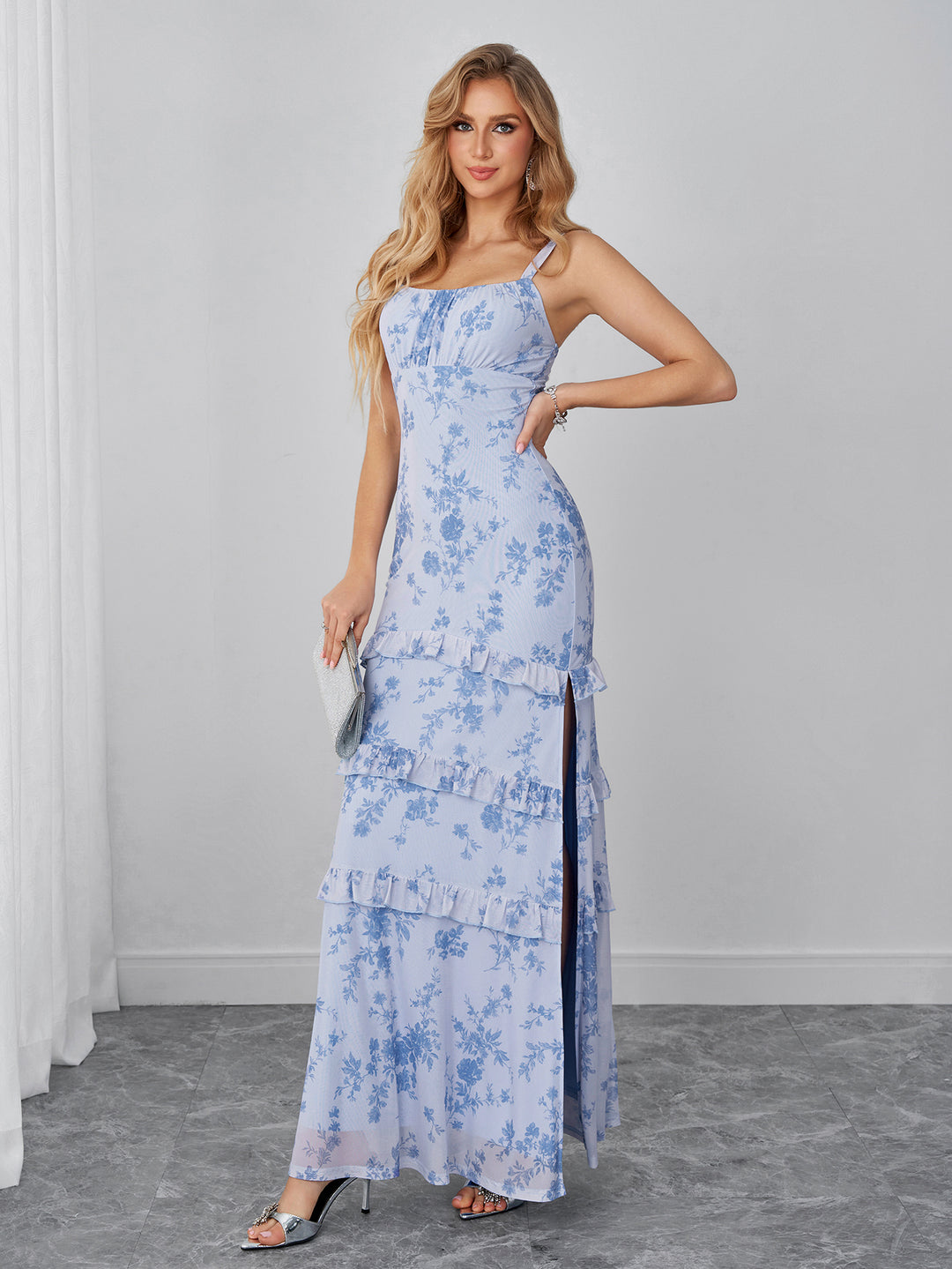 Ruffle Trim Ruched Split Floral Print Mesh Dress