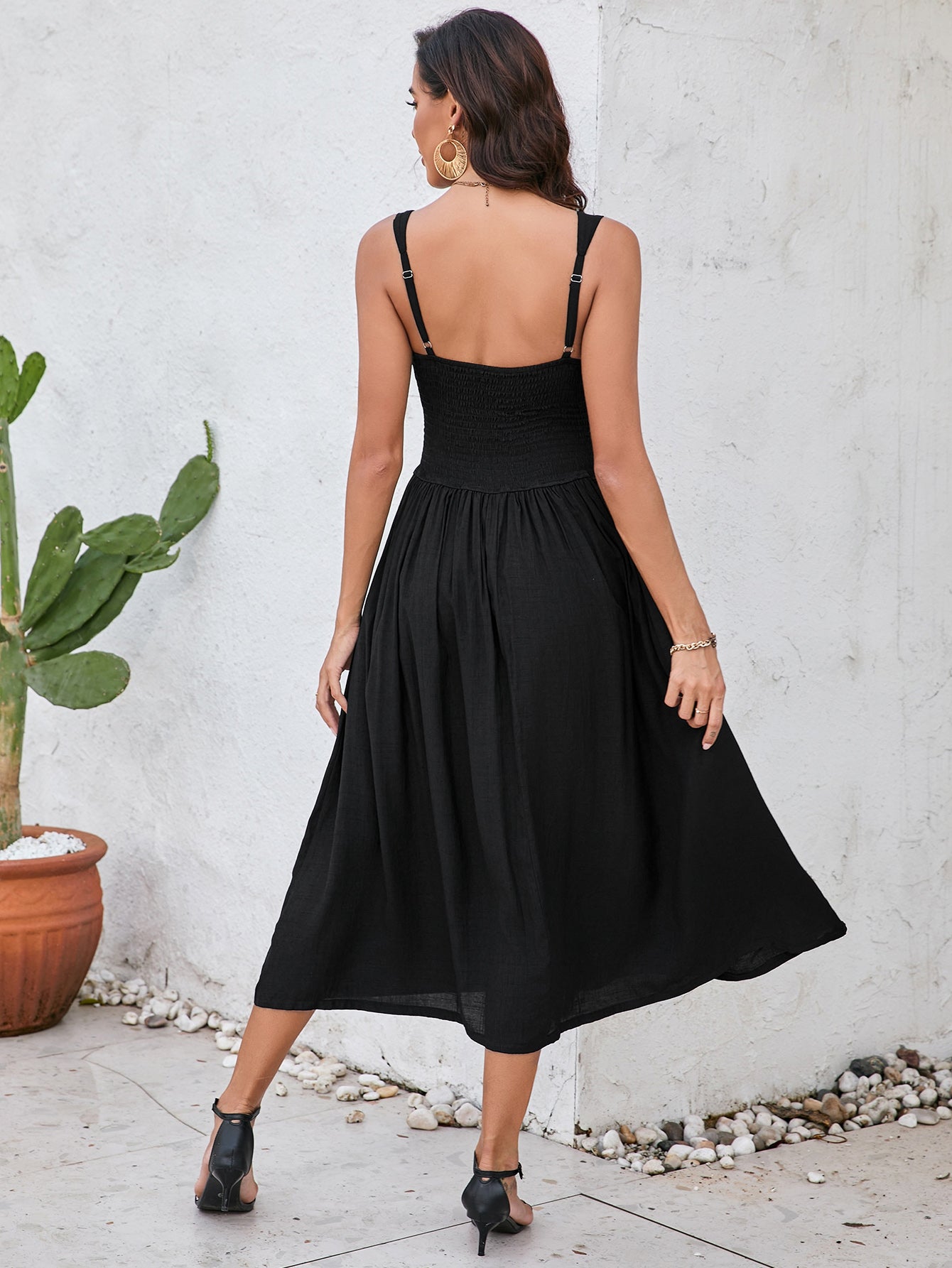 Ruched Smocking Backless Midi Dress – Parthea Fashion