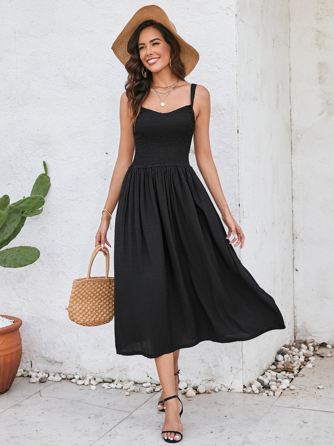 Ruched Smocking Backless Midi Dress, Black / XS Ruched Smocking Backless Midi Dress, Black / XS