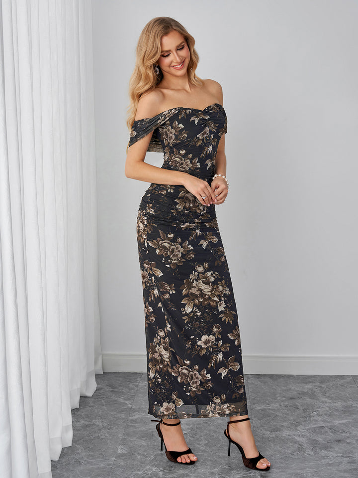 Split Back Ruched Bodycon Floral Print Mesh Dress