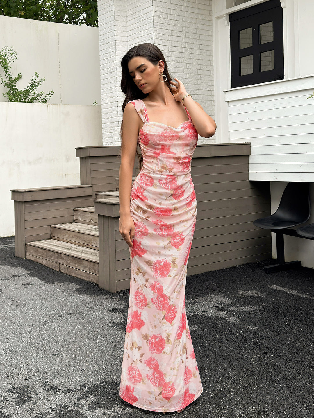Split Back Floral Print Ruched Bodycon Mesh Dress