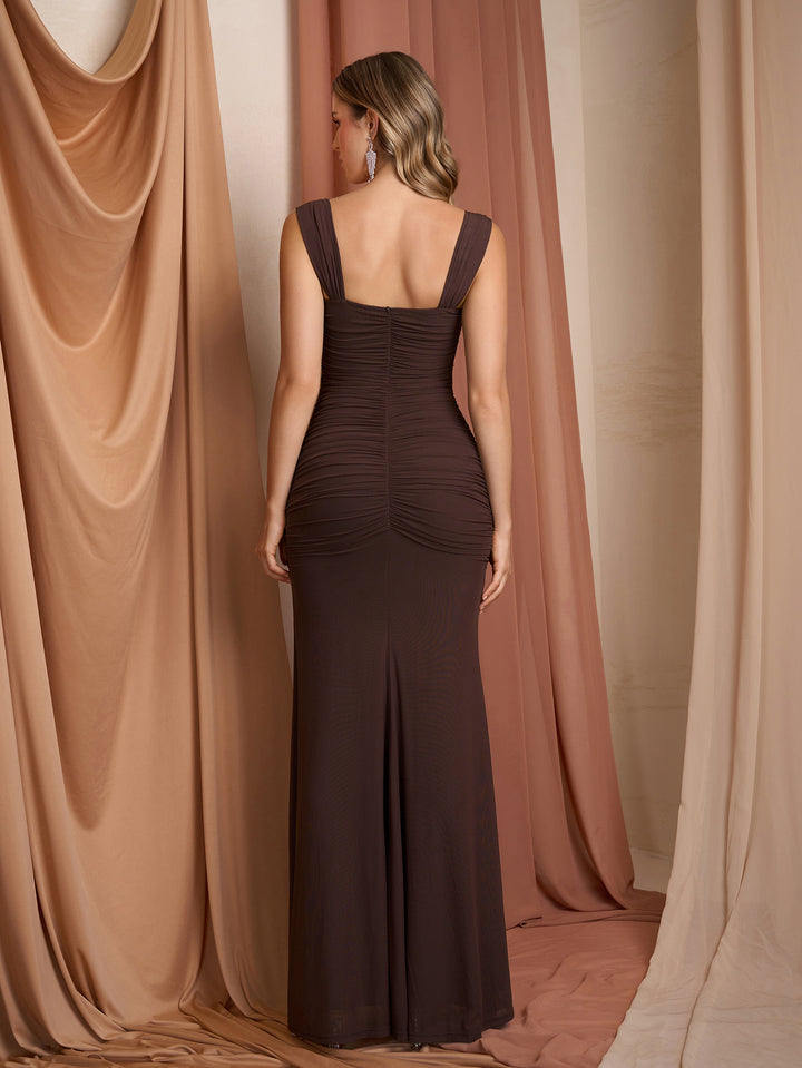 Ruched Mesh Split Thigh Bodycon Dress#color_brown