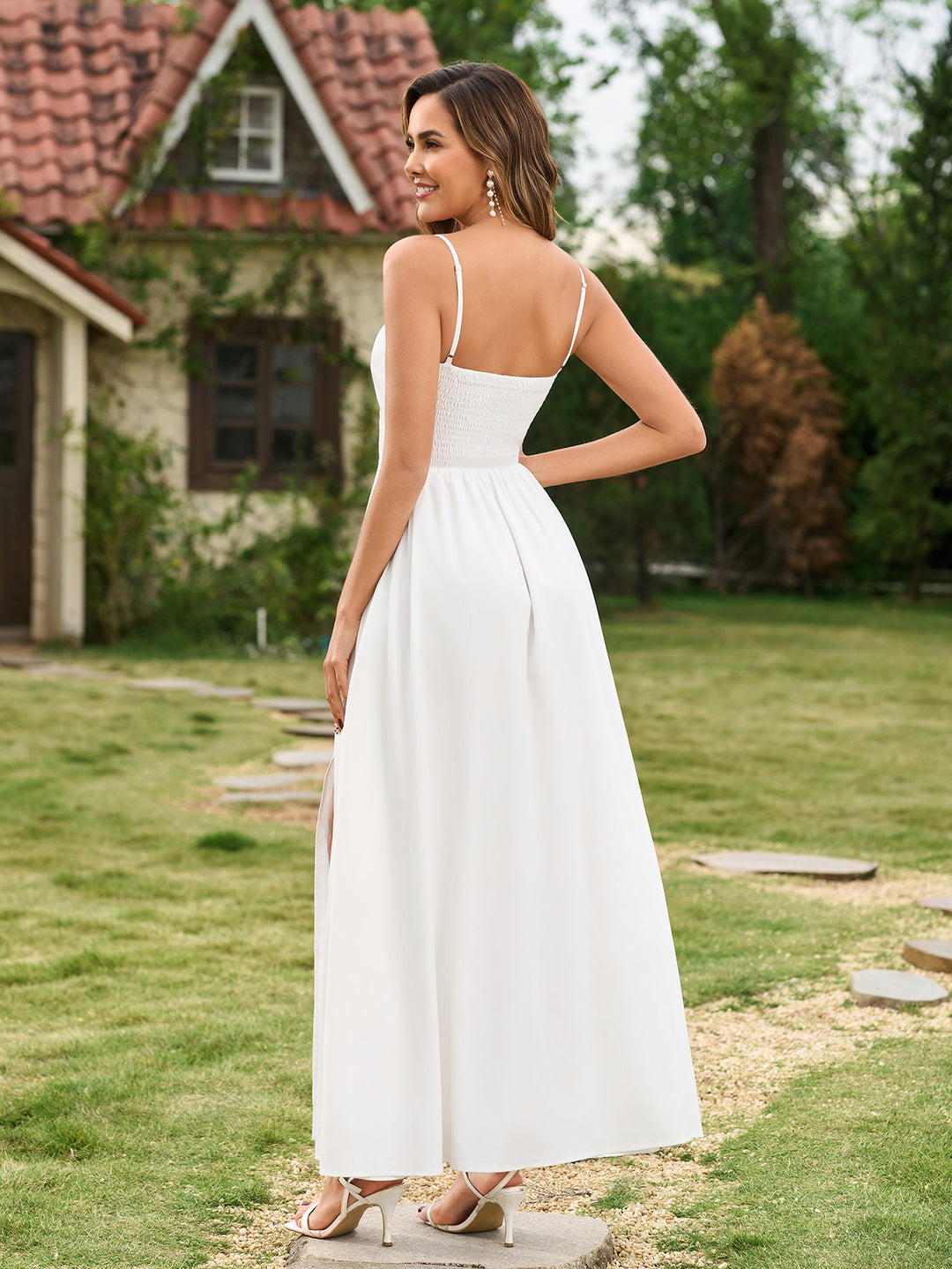 Ruched Thigh Split With Pockets Cami Dress#color_white