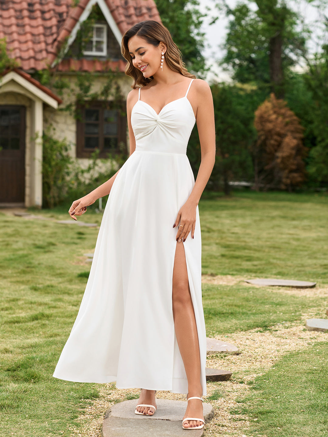 Thigh Split Ruched With Pockets Cami Dress#color_white