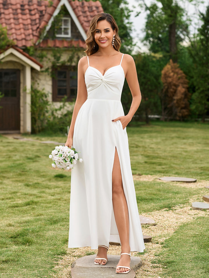 Ruched Split Thigh With Pockets Cami Dress#color_white