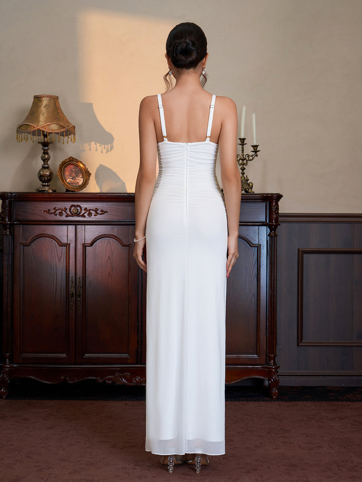 Ruched Zipper Back Split Bodycon Mesh Dress