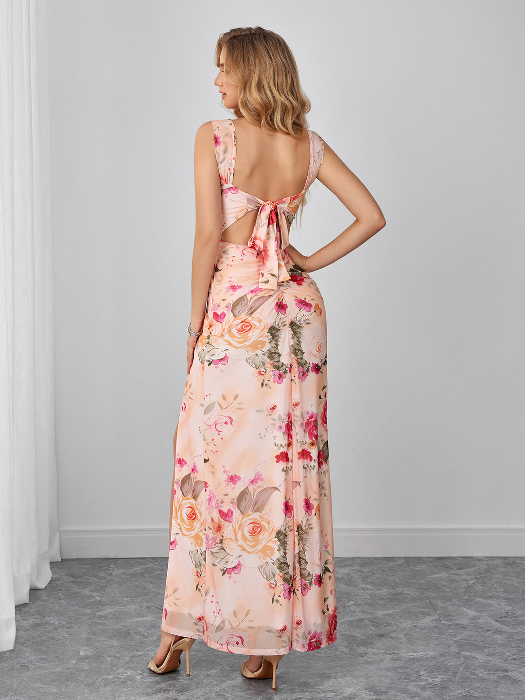 Ruched Split Tie Back Floral Print Mesh Dress