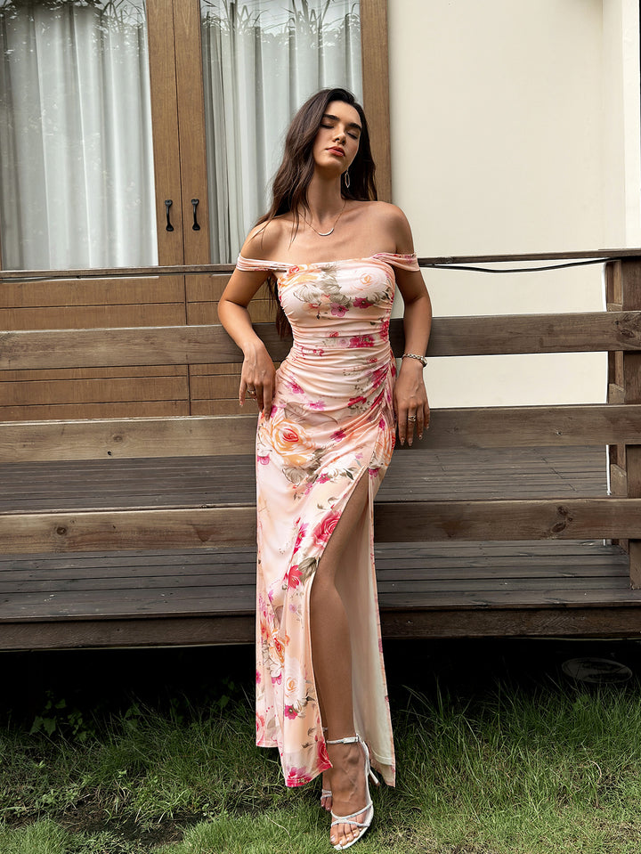 Split Ruched Tie Back Floral Print Mesh Dress