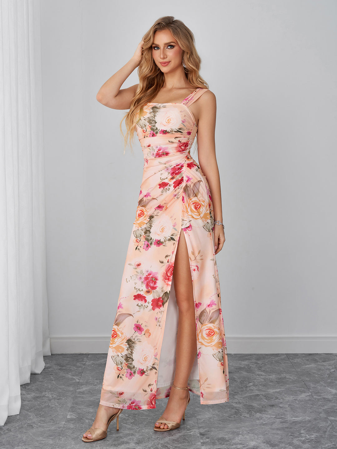 Tie Back Ruched Split Floral Print Mesh Dress